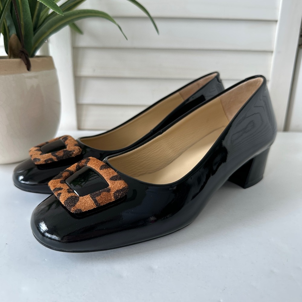 Girotti Black Patent Leopard Buckle Classic Block Heel Pumps‎ Shoe EU 39 US 8